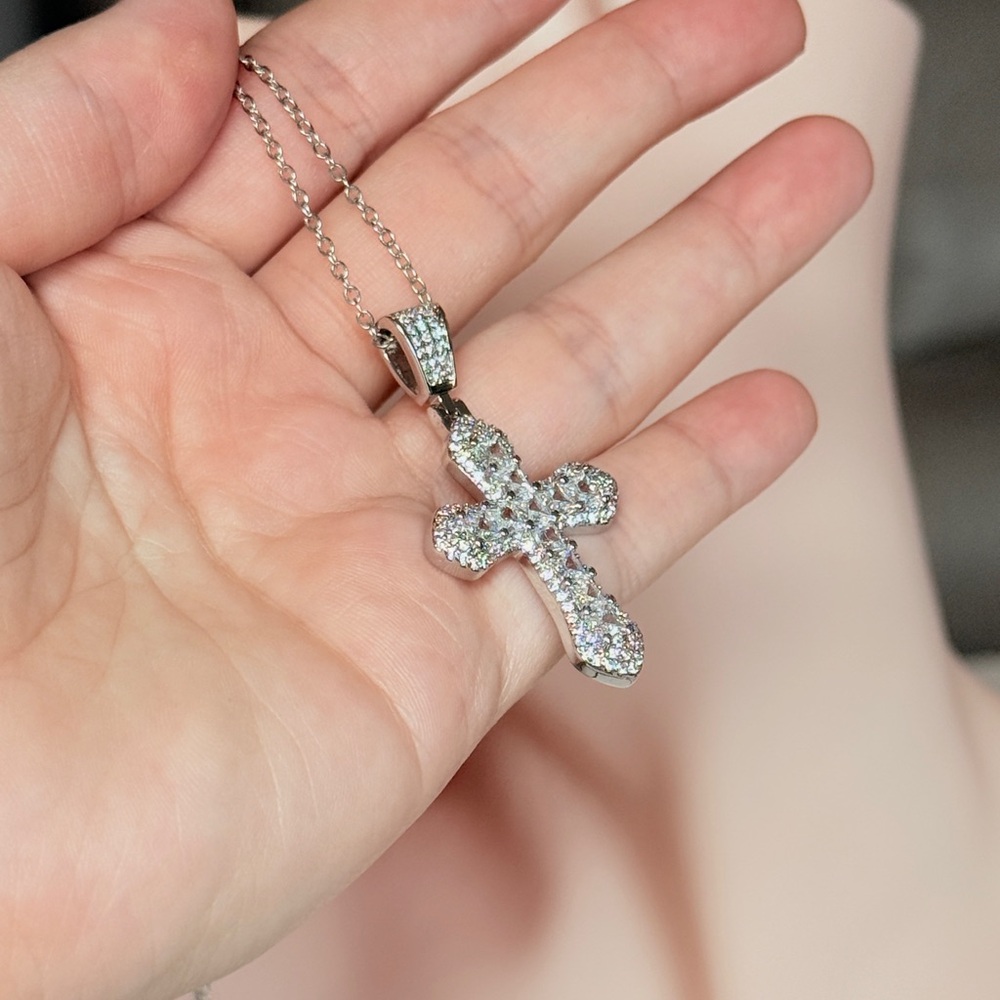 Silver Cubic Zirconia Cross Pendant Necklace - Picture 8 of 11